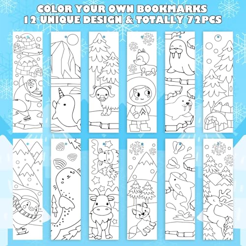 Haooryx Christmas Winter DIY Bookmarks - 75Pcs Color Your Own Polar Animals Bookmarks Creative DIY Penguins Sea Lions Coloring Blank Book Mark Teacher Student Reader Classroom Rewards Paper Art Craft - style: Polar Animal
