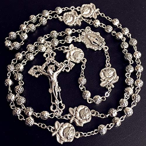 elegantmedical HANDMADE Silver rose beads Catholic 5 DECADE Rosary case Cross Gift Box Italy crucifix cross