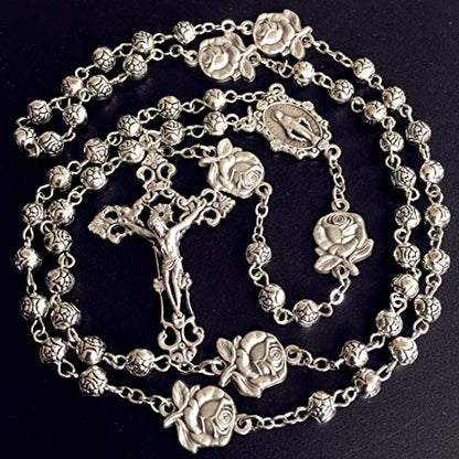 elegantmedical HANDMADE Silver rose beads Catholic 5 DECADE Rosary case Cross Gift Box Italy crucifix cross