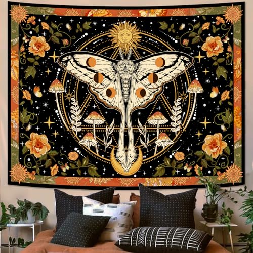 Aipon Orange Moth Tapestry Boho Retro Floral Flowers Tapestries Aesthetic Vintage Mushroom Tapestries for Bedroom Indie Sun Moon Tapestry Wall Hanging for Living Room Dorm (60'' × 44'') - color: Orange1, size: 60"L x 44"W