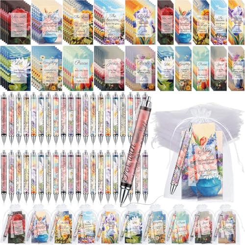 Moinchore 200 Pcs Christian Gift for Women Christian Accessories Include 50 Bible Verses Notebook 50 Church Bookmark 50 Ballpoint Pen Organza Bag Gift for Christmas Church Motivational (Oil Painting) - style: Oil Painting