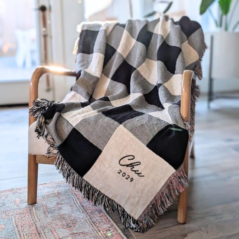 Custom Woven Throw Blanket, Modern Checkered Cotton Personalized Wedding Gift for Couple, Family Last Name Keepsake, Engagement & 2nd Anniversary Present for Newlyweds - color: A1
