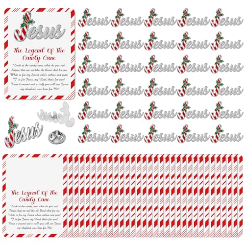 Quelay 30 Sets Candy Cane Jesus Pins on Card Bulk Religious Christian Christmas Jesus Pins with Legend of Candy Cane Card for Church Christmas Gift Stocking Stuffers Sunday School Party Favor - style: Candy Cane