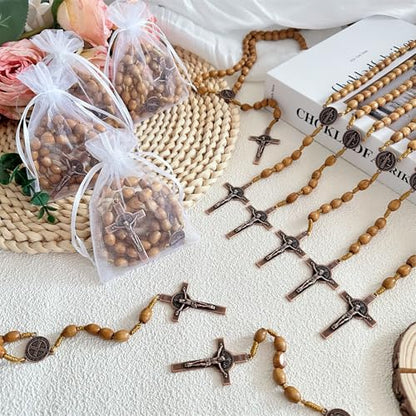 Bovemee Saint Benedict Medal Prayer Pocket Rosary Catholic Brown Wood Beads with Medalla de san benitol and Crucifix, 9 Inch - color: 12PCS Yellow Benedict NK