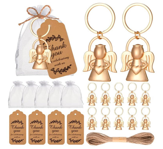 Angel Keychain Favors with Organza Bags DIY Tags Perfect for Baby Showers Weddings Bridal Shower Baptism Party Favors - color: Gold Angel