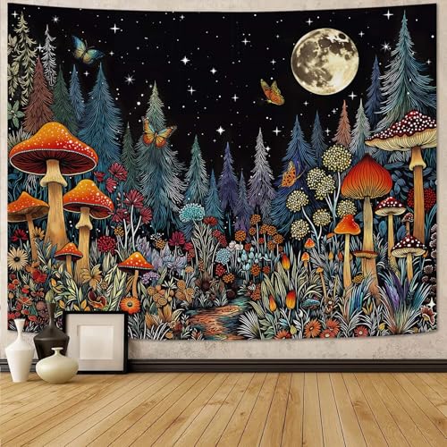 Fungarth Vintage Mushroom Forest Tapestry Butterfly Pine Trees Plant Floral Tapestries Wall Hanging Hippie Moon Night Small Tapestry for Bedroom Living Room Study Classroom Dorm 48 x 36 inch - color: Forest Path, size: 48"L x 36"W