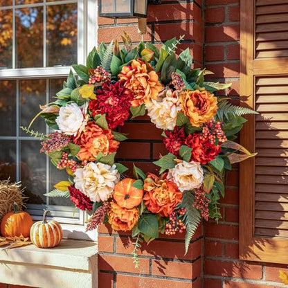 24 InchFall Wreaths for Front Door Autumn Wreath with Peony, Pumpkins - color: Orange1