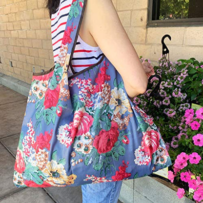 allydrew Large Foldable Tote Nylon Reusable Grocery Bags, Peacocks & Peonies - color: Peacocks & Peonies
