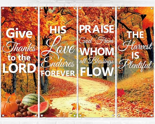 4Pcs Church Banners for Sanctuary Wall Welcome Inspirational Religious Banners Hanging Backdrop Fall Thanksgiving Maple Leaves Trees Church Banner Scripture Bible Verse Banner for Holiday School Decor - style: Red Leaves Fruit