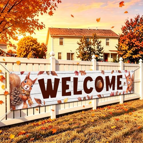 Welcome Fall Banner Happy Fall Yard Banner Squirrel Pinecones Outdoor Decor - color: Welcome Squirrel