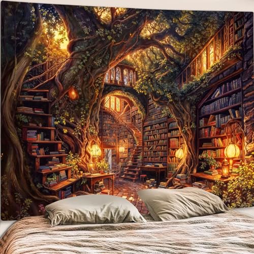 Accnicc Forest Library Tapestry Tree Bookshelf Tapestries Wall Hanging Vintage Fantasy Fairy Treehouse Book Extra Large Tapestry for Bedroom Living Room Dorm Classroom 90 x 68 inch - color: Brown Gold, size: 90"L x 68"W