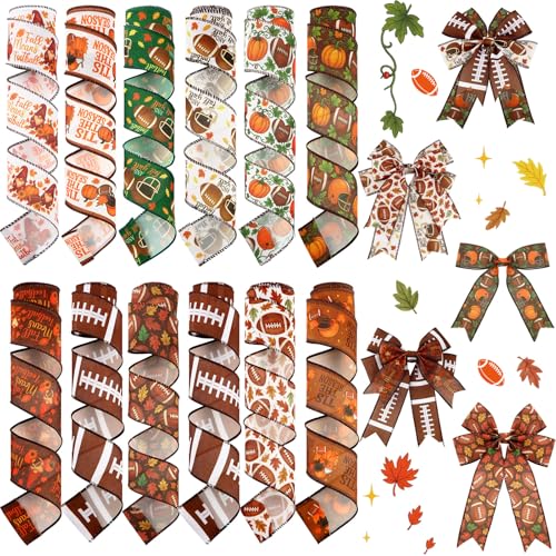 12 Rolls Fall Football Wired Edge Ribbon for Wreaths 2 Inch x 60 Yards Maple Leaves Pumpkin Football Print Ribbon Crafts for Thanksgiving Harvest Party Decorative Supplies, 12 Styles - style: Fall Football
