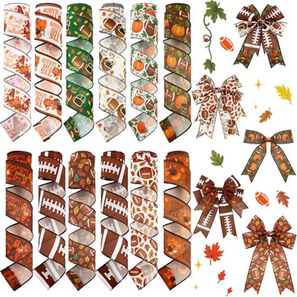 12 Rolls Fall Football Wired Edge Ribbon for Wreaths 2 Inch x 60 Yards Maple Leaves Pumpkin Football Print Ribbon Crafts for Thanksgiving Harvest Party Decorative Supplies, 12 Styles - style: Fall Football