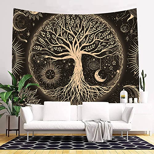 FORATER Tree of Life Tapestry Wall Hanging Sun Moon Stars Tapestries Aesthetic Galaxy Wall Tapestry Nature Home Decoration for Living Room Bedroom(61 x 82 Inch, Black and Gold) - color: black and gold, size: 82"L x 61"W