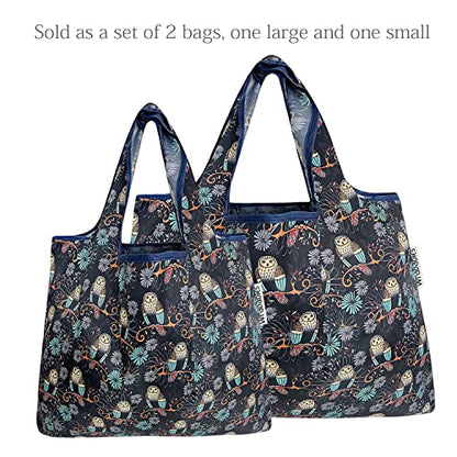 allydrew Large Foldable Tote Nylon Reusable Grocery Bags - color: Set of 2, Deco Owls, size: Large & Small (Set of 2)