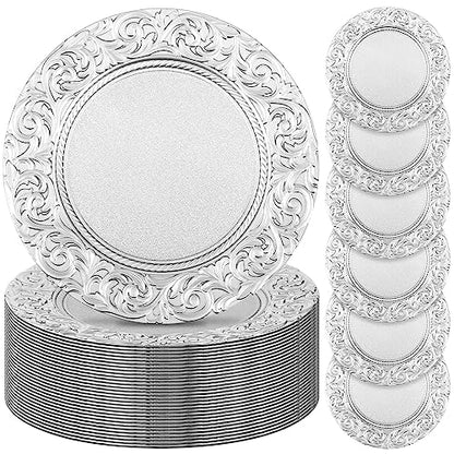 Uiifan 50 Pcs Silver Charger Plates Bulk 13'' Antique Plastic Chargers - color: Silver