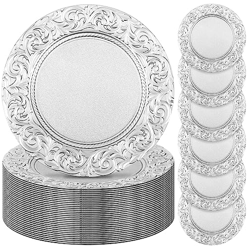 Uiifan 50 Pcs Silver Charger Plates Bulk 13'' Antique Plastic Chargers - color: Silver