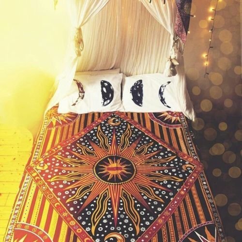 Popular Handicrafts Wall Hanging Tapestry For Bedroom Hippie Burning Sun and Moon Meditation Bohemian Hippy Psychedelic Design Indian Tapestries Bedspread 90 x 108 inches (230cm x 270cm) Green - color: Golden, size: 108"L x 90"W