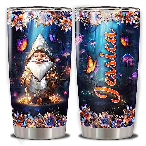 WAZONE Personalized Gnome Tumbler Custom Name Tea Drinking Cup With Lid Christmas Double Walled Vacuum Stainless Steel 20oz 30oz Insulated Travel Coffee Mug For Women Men Girls Kids Holiday - color: Gnome
