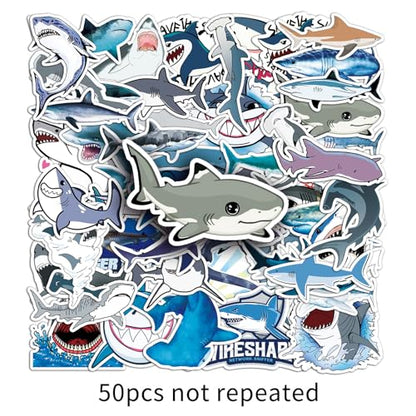 50pcs Shark Theme Waterproof Vinyl Stickers - Suitable for Water Bottles, Cups, Laptops, Rollers, Diaries, Scrapbooks, Bikes, Skateboards, Luggage - color: Shark Theme Stickers