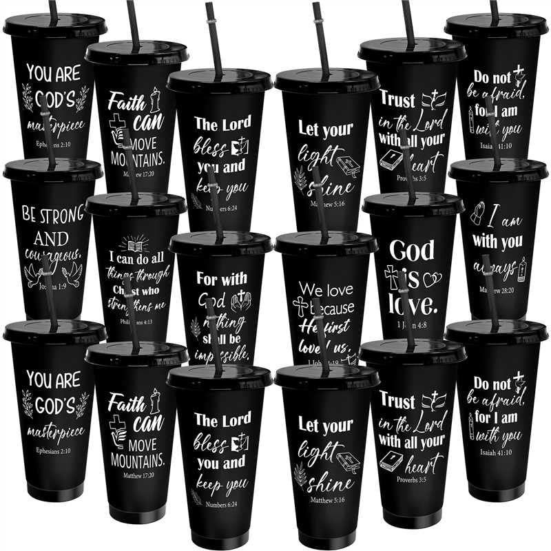 Cinrobiye 24 Pack Christian Tumblers with Lids and Straws, 24 oz Bible Verse Plastic Cups Bulk, Religious Church Gifts for VBS, Sunday School, Bible Study, Baptism and Church Party Favors(Black) - color: Black