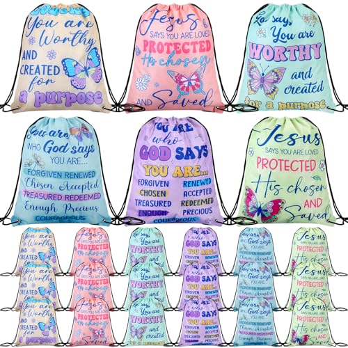 24 Pcs Religious Butterfly God Says Drawstring Backpack God Says Christian Drawstring Bags Large Jesus Bible Verse String Bag Sunday School Gifts - style: Religious Butterfly