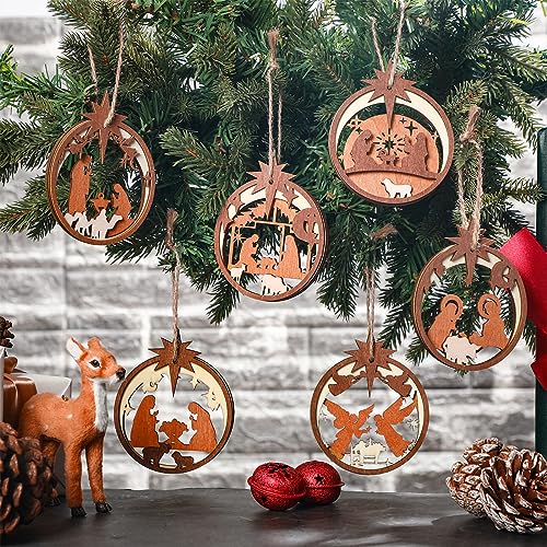 Bucherry 6 Pcs Wooden Christmas Nativity Scene Ornaments Bulk,Round - style: Round