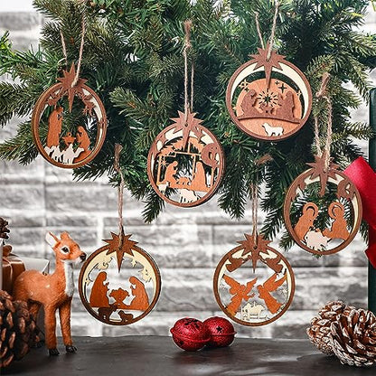 Bucherry 6 Pcs Wooden Christmas Nativity Scene Ornaments Bulk,Round - style: Round
