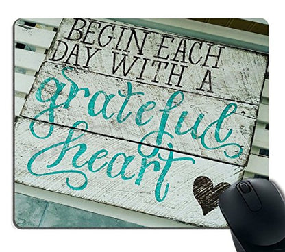 Smooffly Gaming Mouse Pad Custom, Begin Each Day with A Grateful Heart Quotes Rustic Turquoise Wood Design, Inspirational Bible Verse Scripture Quote Mouse Pads