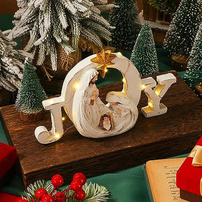 Soaoo Christmas Nativity Scene with LED String Lights Nativity Figure Set Holy Family Manger Christmas Decoration Light up Decor for Indoor Tabletop Mantle Fireplace(Joy)