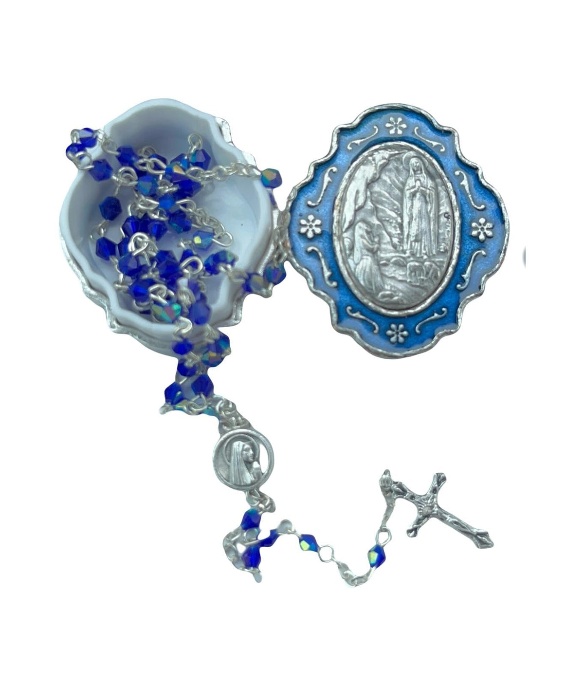 Catholic Silver Linked Rosary Set – 3mm Beads, 14.25" Length, Metal Keepsake Gift Box with Enamel Inlay – Perfect First Communion Gift (Our Lady of Lourdes) - color: Our Lady of Lourdes