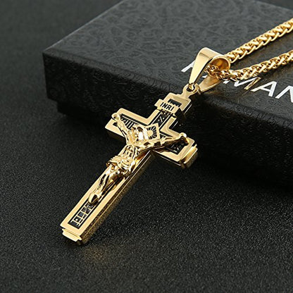 HZMAN Catholic Jesus Christ INRI Cross Crucifix Pendant Necklace for Men - color: Gold