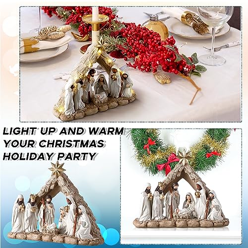 Nativity Scene with LED String Lights, Christmas Nativity Set Tabletop Decoration First Christmas Story Resin Figure Holy Family Manger Lighted Sculpted Hand Painted Figurine for Xmas Indoor Decor