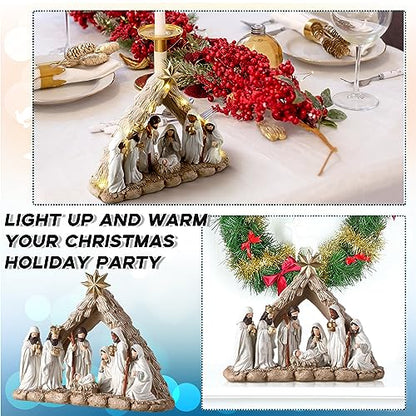 Nativity Scene with LED String Lights, Christmas Nativity Set Tabletop Decoration First Christmas Story Resin Figure Holy Family Manger Lighted Sculpted Hand Painted Figurine for Xmas Indoor Decor