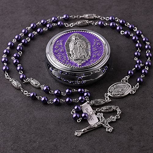 HanlinCC Guadalupe Catholic Rosary Glass Pearl Beads Necklace with Gift Box - color: Guadalupe Rosary Purple