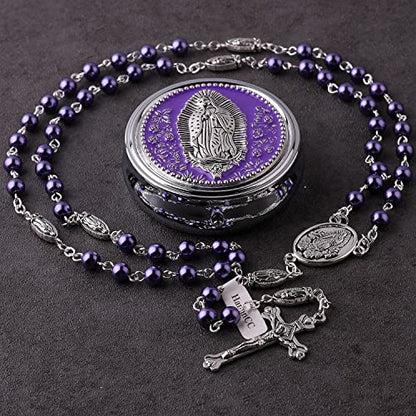 HanlinCC Guadalupe Catholic Rosary Glass Pearl Beads Necklace with Gift Box - color: Guadalupe Rosary Purple