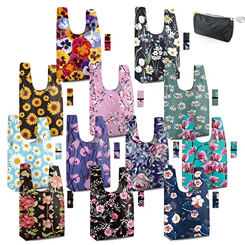 BeeGreen Large Flower Tote Bag - 12 Pack Heavy Duty Reusable Grocery Bags and Foldable Shopping Bags for Groceries, Cute Travel Reusable Gifts,Lightweight Washable Cloth Bag With Handles for Women - color: Flowers-yellow, Purple, Pink, Green, Black, Red
