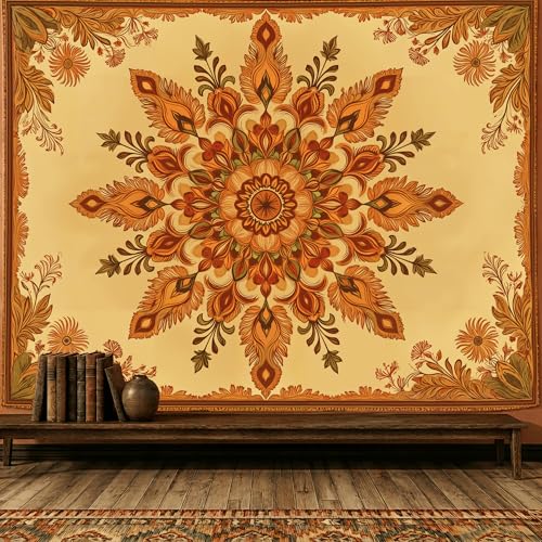 Motanber Boho Mandala Floral Tapestry Wall Hanging Bohemian Orange Yellow Flower Tapestry Aesthetic Vintage Sunflower Indian Large Tapestries for Bedroom Living Room Dorm Wall Decor 80 x 60 Inch - color: Orange Yellow, size: 80"L x 60"W