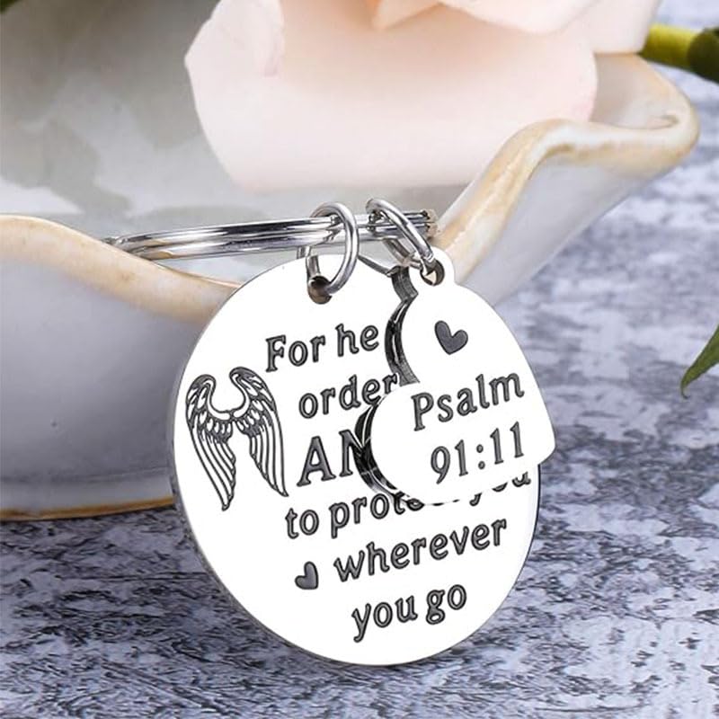 Religious Angel Wings Keychains Psalm 91:11 Bible Verse Keyring Inspirational Gifts for Family Bags Car Keys Charms