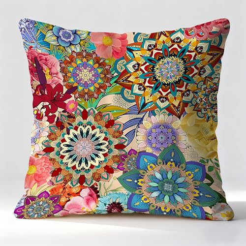 Boho Abstract Mandala Floral Pillow Covers 18x18, Art Nouveau Deco Decor, Vintage Folk Colorful Mandala Flower Decorative Throw Pillow Covers for Home Bedroom Living Room - color: Color-01