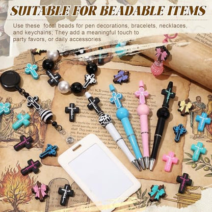 Tondiamo 60 Pcs Cross Silicone Focal Beads for Pens Bulk Jesus Faith Easter Cross Beads for Beadable Pen Keychain Jewelry Bracelet Making DIY Crafts - style: Cross