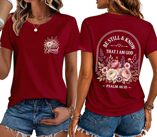 Christian Shirt for Women Be Still and Know Psalm 46:10 Graphic T-Shirt - color: Claret-1, size: X-Large