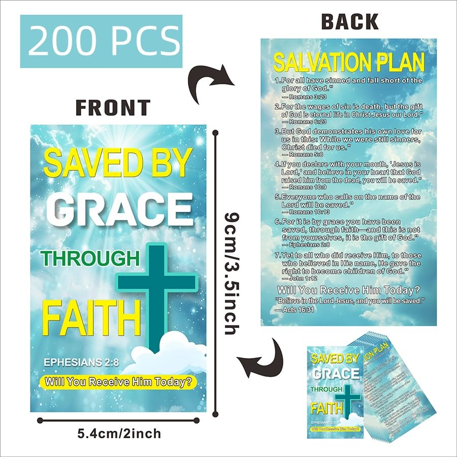 200 Pcs “Saved by Grace Through Faith” Gospel Tract Cards – Double-Sided Christian Evangelism Cards with Salvation Plan and Scripture Verses, Faith Sharing Postcards for Ministry Use