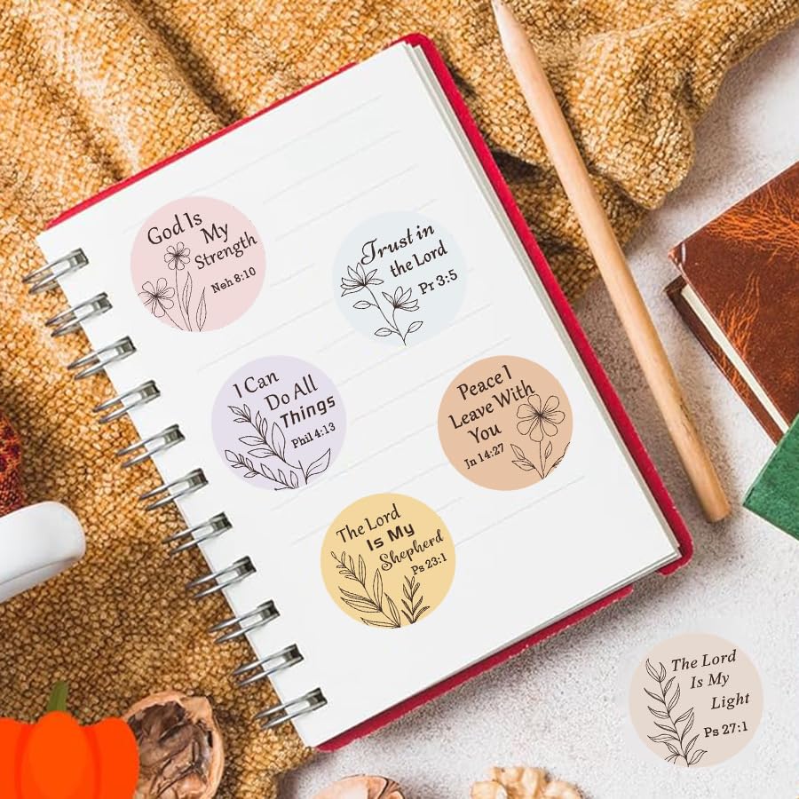 500 Pcs Bible Verse Stickers Roll 1 Inch Round Inspirational Christian Scripture Labels Floral Minimalist Faith Stickers for Journals, Planners, Scrapbooking, Gift Wrapping and Envelope Seals