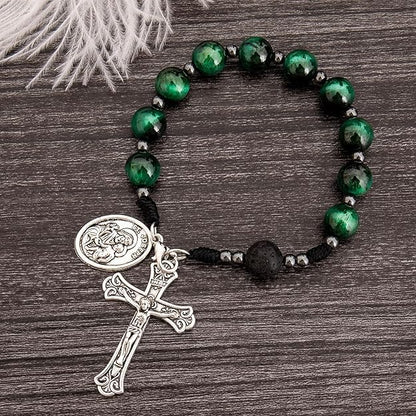 Nazareth Store Tiger Eye Beads One Decade Rosary Handmade Pocket Car Mirror with Saint Joseph Medal and Jesus Cross in Antique Silver Volcanic Stone Travel Friendly Rosary - color: Green Tiger Eye