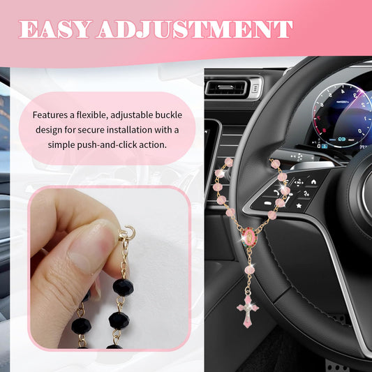 Car Rosary for Rearview Mirror,Rhinestone Cross for Car Steering Wheel Charm as Catholic Religious Gifts,Rosary for Cars Steering Wheel Chain as Cars Mirror Hanging Accessories Cross (Pink) - color: Pink