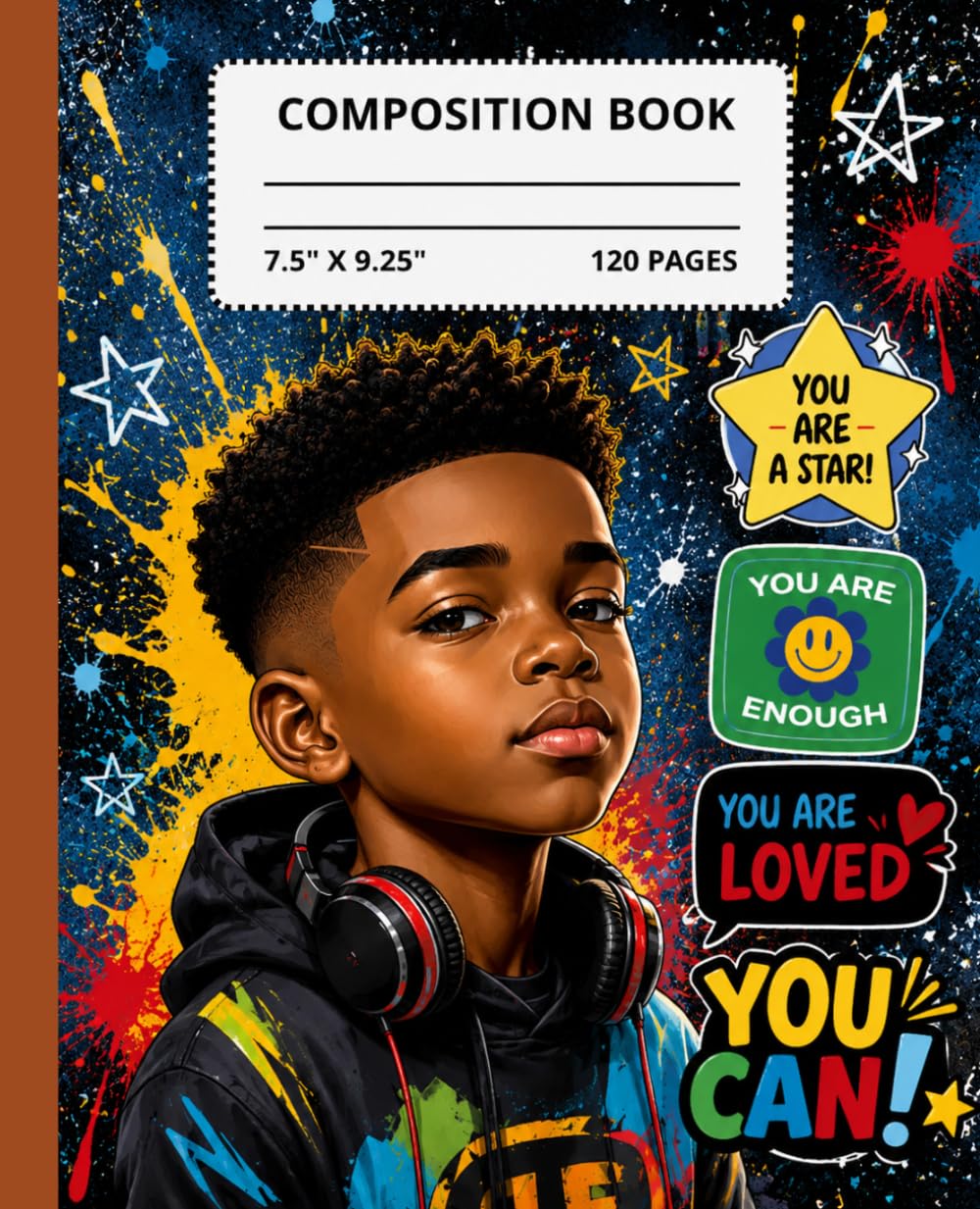 Black Boy Composition Notebook : Wide Ruled, Positive Affirmations, 7.5"x9.25", 120 pages