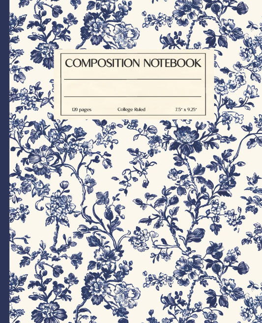 Composition Notebook: Vintage Coquette Navy Blue Toile Flower Illustration | 7.5" x 9.25” Cottagecore Botanical Aesthetic Journal with 120 College ... – Women – School - Work | Floral Collection