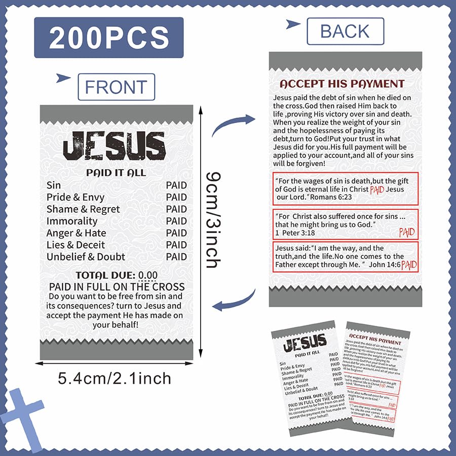200 Pcs Gospel Tract Cards, Jesus Paid It All Salvation Prayer Cards, Christian Bible Verse Pocket Cards, Inspirational Scripture Postcards for Church Outreach, Evangelism, Gifts