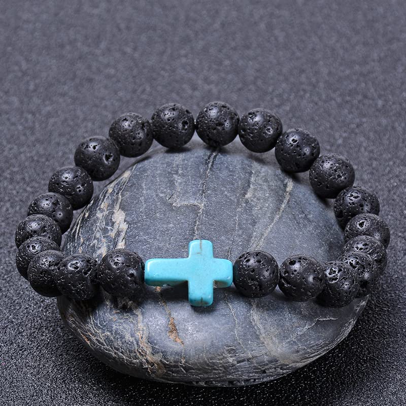 FORUBUS Lava Rock Stone Beaded Bracelet, Cross Charm Natural Volcanic Stone beads Turquoise Stretch Bracelet for Women Men Religion Jewelry Pray Baptism Gift - color: 1pcs turquoise